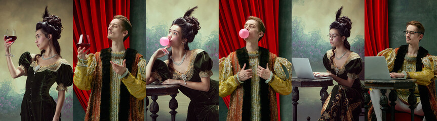 Young people medieval prince and princess in vintage costumes with bubble gum and wine glass on retro background. Concept of comparison of eras, artwork, renaissance, baroque style. Creative collage. © master1305