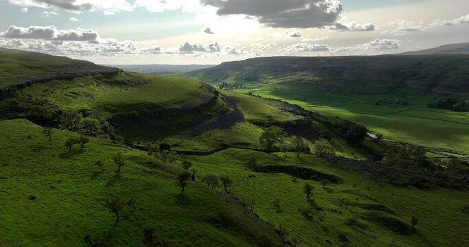 Aerial shot of Chapel Le Dale in Yorkshire Dales