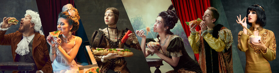 Fast food. Medieval women and men as a royalty persons of vintage clothing on dark background eating unhealthy food. Concept of comparison of eras, artwork, renaissance, baroque style. Collage.