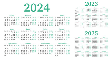 Spanish calendar for 2023,2024,2025. Week starts on Monday