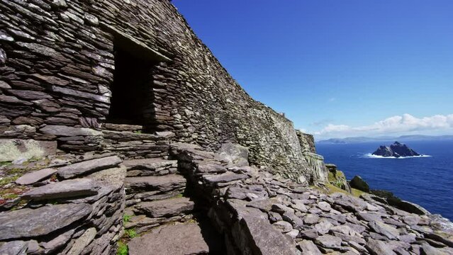 Skellig Michael camera flying through ancient structures and rock homes