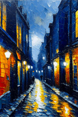 Dark Alley in Paris, strolling the streets of Paris at night, acrylic