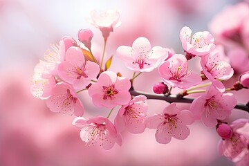 Beautiful pink cherry blossoms on blurred background, closeup, cherry blossom in spring, macro photo with shallow depth of field, AI Generated