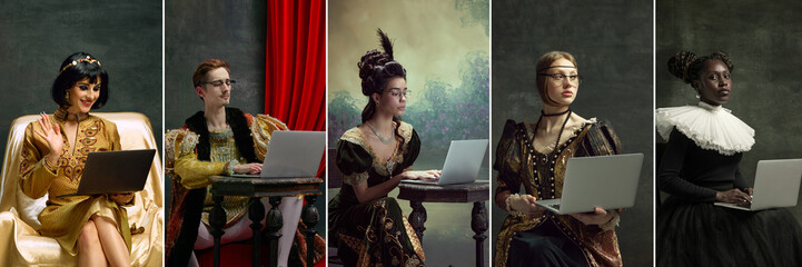 Beautiful medieval royal persons, men and women, queens and kings using gadgets, laptops on vintage background. Concept of comparison of eras, artwork, renaissance, baroque style. Creative collage.