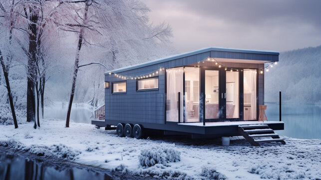 Tiny Home in winter forest on lake. Compact living space designed with efficiency and style in mind to make it ideal for the modern consumer.
