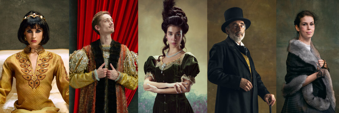 People, men and women in image of medieval royal person in vintage costumes on dark green background. Concept of comparison of eras, artwork, renaissance, baroque style. Creative collage.