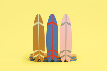 Different mini surfboards on yellow background