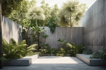3D-rendered concrete wall adorned with tropical garden featuring trees and sunlight. Generative AI