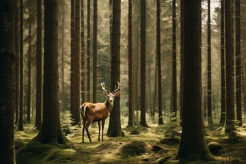 Naklejka na ściany i meble a deer surrounded by tall pines. Generative AI