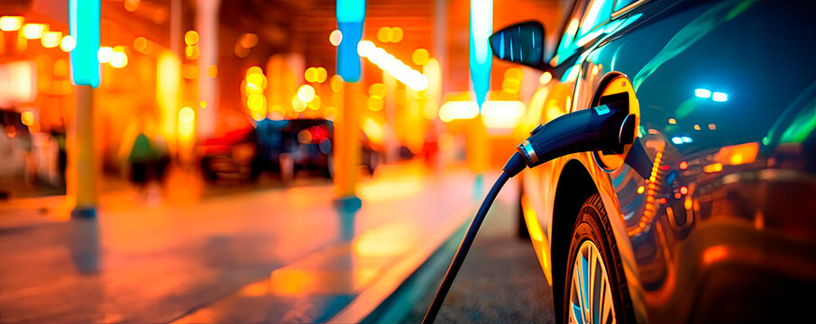 EV charging station for electric car in concept of green energy and eco power produced from sustainable source to supply to charger station in order to reduce CO2 emission. 