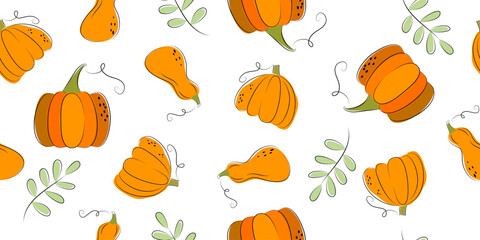 Autumn, orange pumpkins, Seamless pattern of pumpkins, autumn leaves. illustration in flat simple style with black stroke. Happy Thanksgiving concept, vector design element on white background