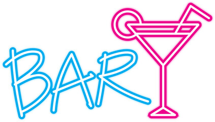 Bar logo neon sign with Cocktail Glass flat icon.