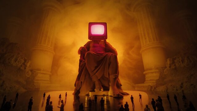 Media magnate. Statue of giant evil god of media with television head. People worshiping. TV head. Media manipulation, mass media influence concept. Symbol of multimedia addiction. Total invigilation