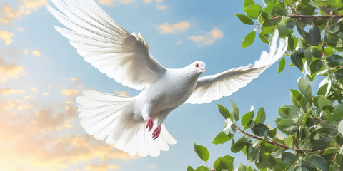 Obraz premium White dove with green leaves in the sky background, copy space. Creative banner of peace and light, God's grace.