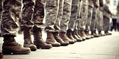Army soldiers standing in line, closeup of army boots in row. 