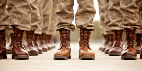 Army soldiers standing in line, closeup of army boots in row. 