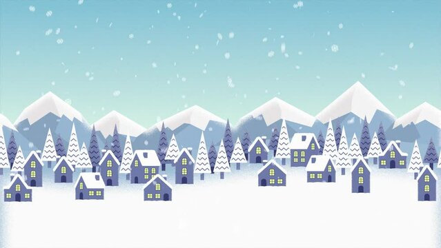 Falling Snow, Winter, Mountain Town Landscape, Seamless Loop 2D Animation