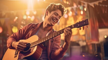 Obraz premium Young man playing the guitar and singing a song. Generative AI