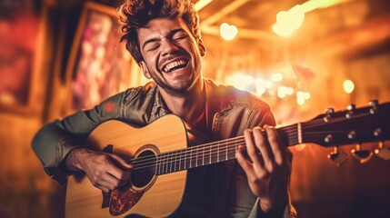 Obraz premium Young man playing the guitar and singing a song. Generative AI