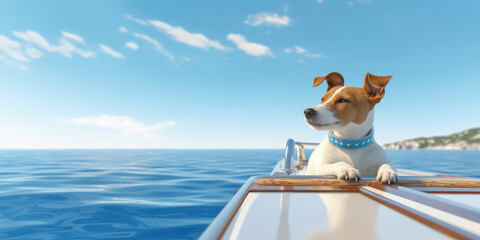 Cute little jack russel terrier dog sailing on luxury yacht boat deck against sea water on bright sunny summer day.