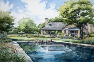 Fototapeta na wymiar Country House with Lap Outdoor Pool - AI Generated
