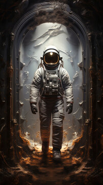 A man in a space suit standing in a doorway