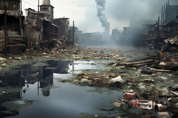 Pollution of river with waste.