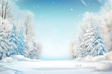 Empty snowy forest landscape with a glade in the middle. Empty space for product placement or promotional text.