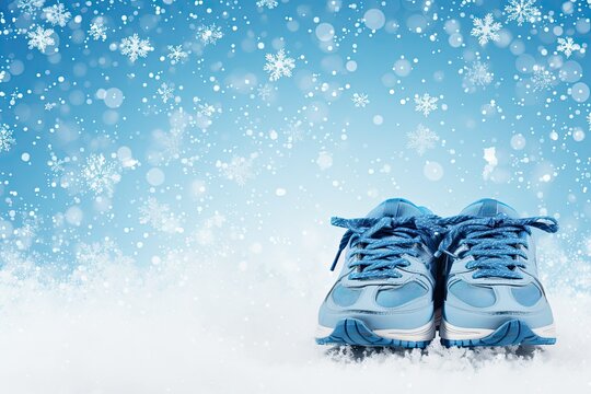 Blue running shoes on the snow with falling snowflakes in the background. Empty space for product placement or promotional text.