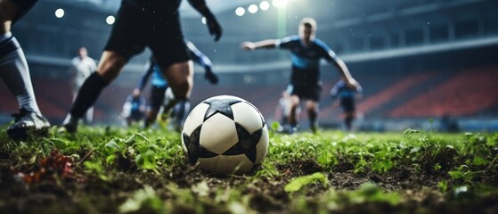 Soccer players in action on the field at night. Football Concept With a Copy Space. Soccer Concept With a Space For a Text.