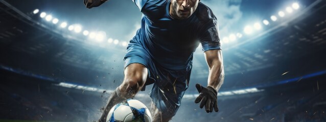 Soccer player in action on the field at night under spotlights. Football Concept With a Copy Space....