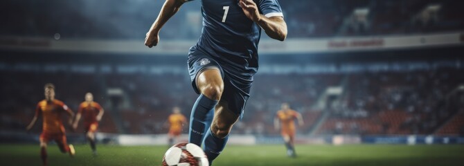 Soccer player in action on the field of stadium. Blurred background. Football Concept With a Copy...