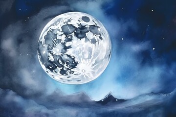 Watercolor painting of moon in the sky. Generative AI