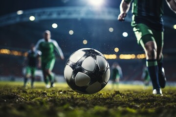 Soccer ball on the field with players in the background at night. Football Concept With a Copy Space. Soccer Concept With a Space For a Text.