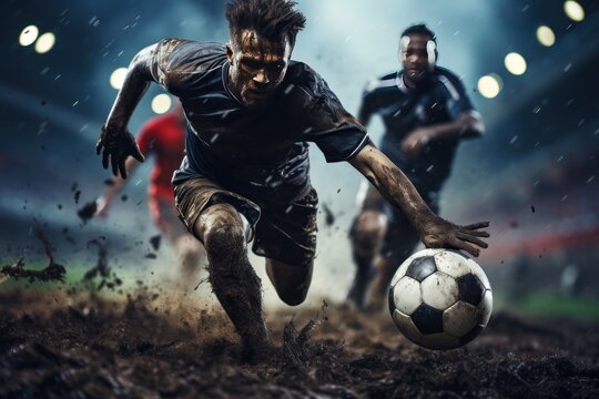 Soccer player in action at the stadium under the rain. Soccer players in action at the stadium. Soccer players on the field.