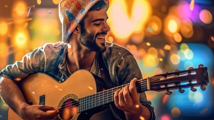 Naklejka premium Young man playing the guitar and singing a song. Generative AI