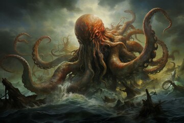 An immense sea creature named Cthulhu. Generative AI - obrazy, fototapety, plakaty