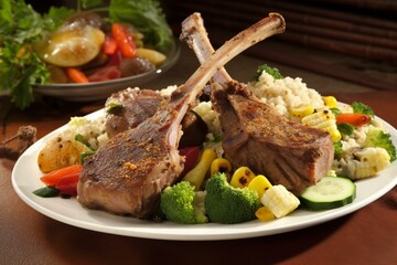 An appetizing assortment of tender lamb chops, crunchy chicken, and flavorful veggies. Generative AI
