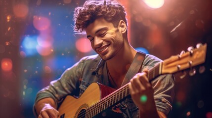 Obraz premium Young man playing the guitar and singing a song. Generative AI