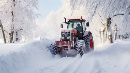 A tractor is used to clear snow off the roads after a big snowfall.