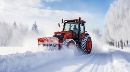 Tuinposter A tractor is used to clear snow off the roads after a big snowfall. © Suleyman