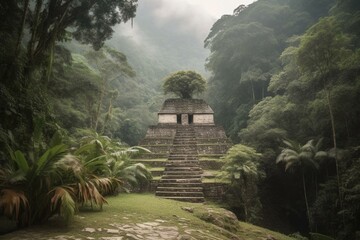 Fototapeta na wymiar An old pyramid or temple hidden in the jungle, surrounded by mountains. Generative AI