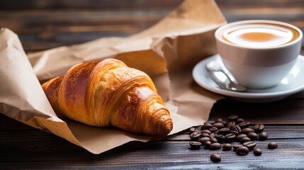 Newspaper, fresh croissant, and takeout coffee on a wooden background - Powered by Adobe