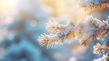 Snow-covered pine branches in the sun against a wintery bright background. a bright, natural background.