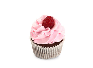 Tasty raspberry cupcake on white background