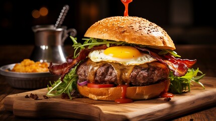Burger with beef, eggs, and bacon served in a restaurant. American cuisine. Gourmet Food on a Wooden Table.