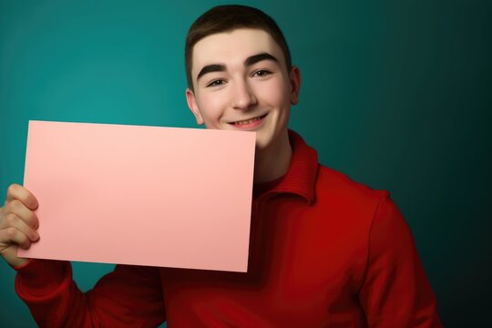a young man holding up a blank sign for you to fill in the color