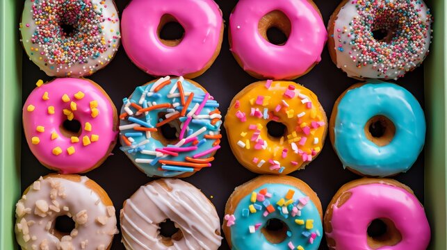 Dozen colorful artisan donuts arranged in a box for office brunch.
