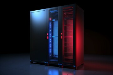 Enclosed server rack in dim, isolated area with red and blue lights. Generative AI