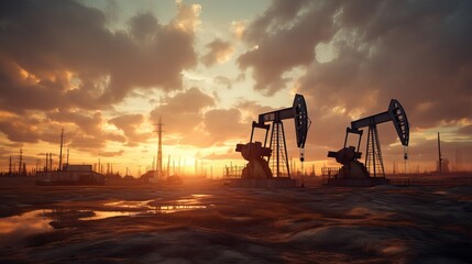 a landscape of industry. field of oil. With the sun setting, oil pumps.